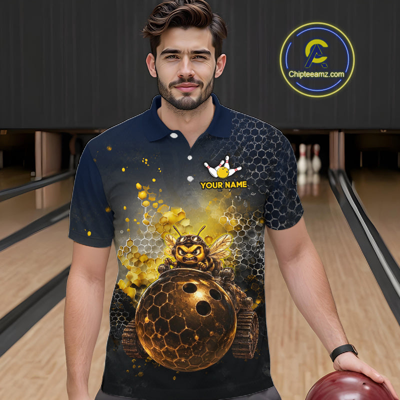  Man wearing custom black & gold funny bee bowling polo shirt, front view mockup, personalized bowling league jersey.