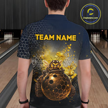 Load image into Gallery viewer, Man wearing custom black &amp; gold funny bee bowling polo shirt, back view mockup with team name design.