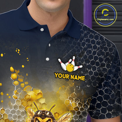  Close-up collar view of custom black & gold funny bee bowling polo shirt with personalized name detail.
