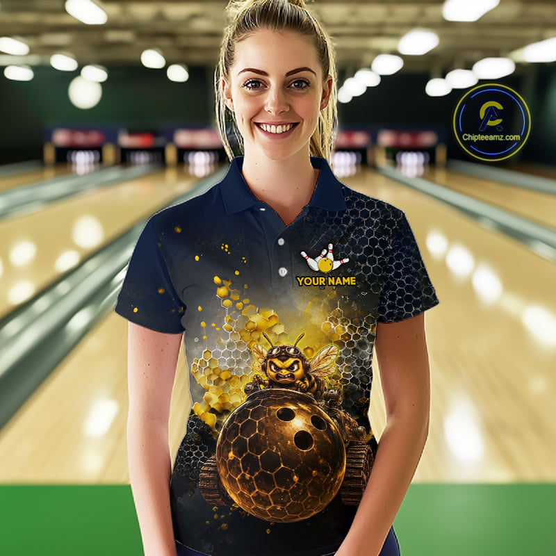 Woman wearing custom black & gold funny bee bowling polo shirt, front view mockup, personalized bowling league jersey.