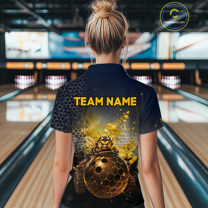 Woman wearing custom black & gold funny bee bowling polo shirt, back view mockup with team name design.