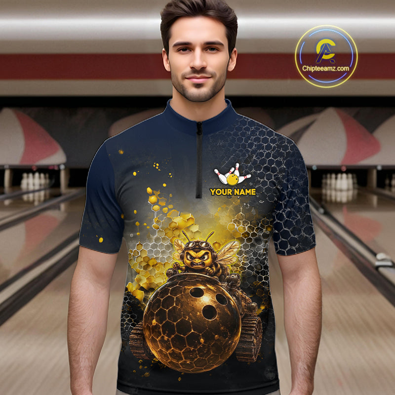 Man wearing custom black & gold funny bee bowling 1/4 zip shirt, front view mockup, personalized bowling league jersey.