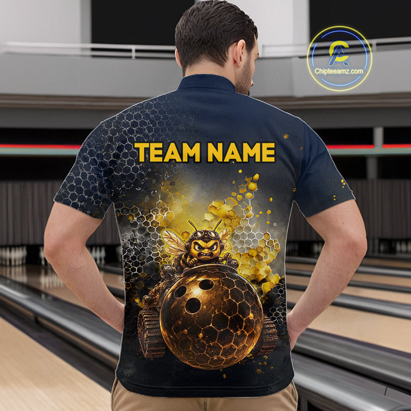 Man wearing custom black & gold funny bee bowling 1/4 zip shirt, back view mockup with team name design.