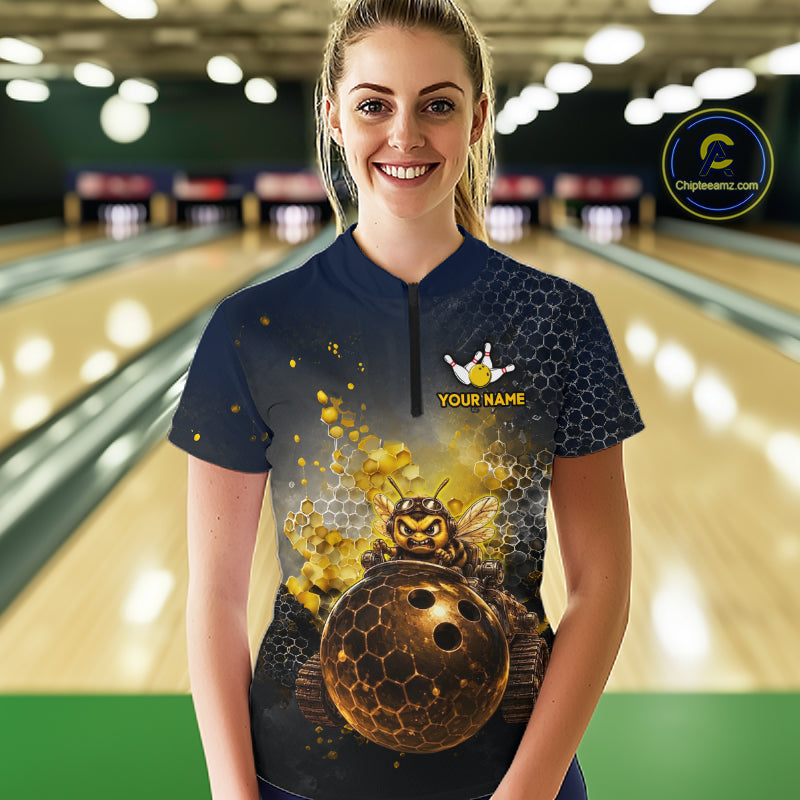 Woman wearing custom black & gold funny bee bowling 1/4 zip shirt, front view mockup, personalized bowling league jersey.