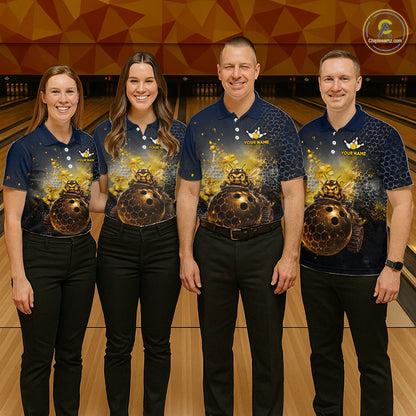 Bowling team wearing custom black & gold funny bee  bowling shirts, group front view mockup, personalized team jerseys.