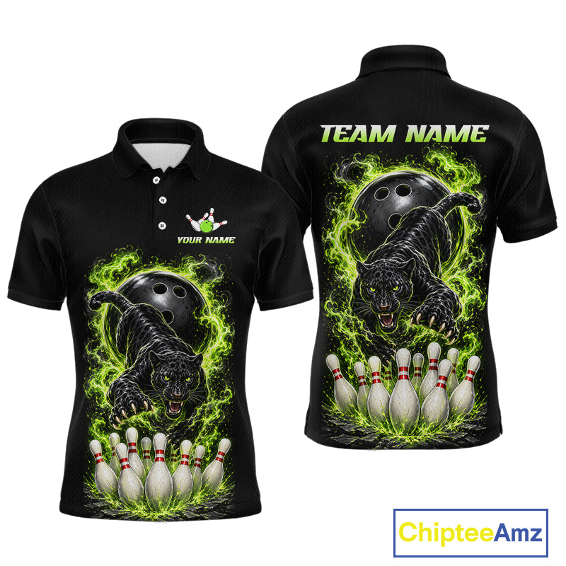 Custom Green Flame Panther Bowling Shirt for Men Bowling Team Jersey Polo & Quarter-Zip QZT1231