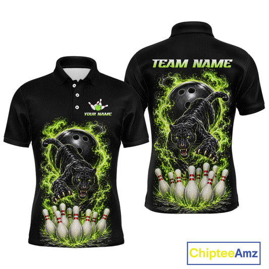 Custom Green Flame Panther Bowling Shirt for Men Bowling Team Jersey Polo & Quarter-Zip QZT1231