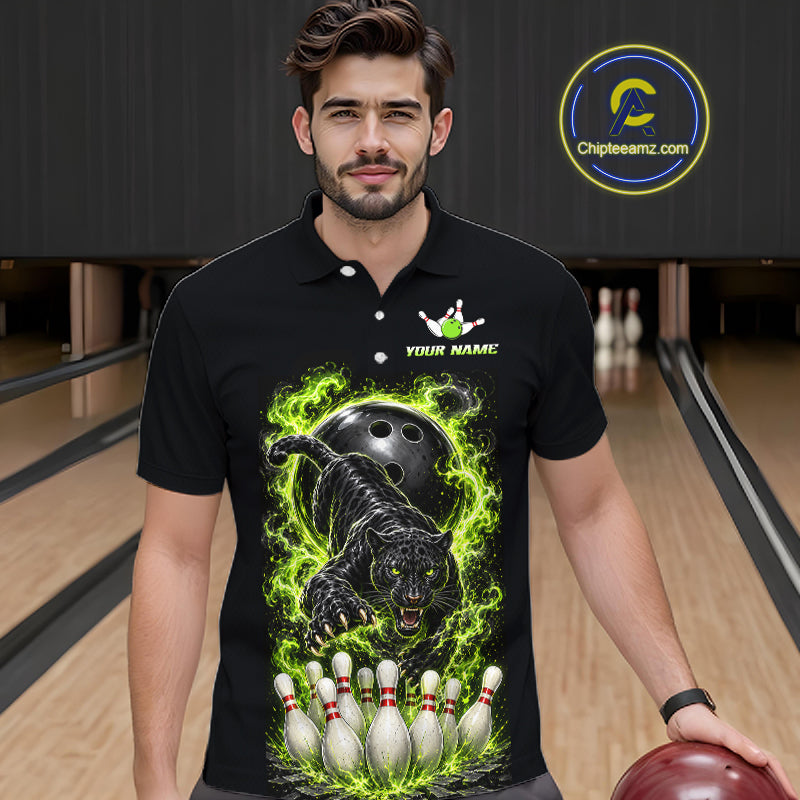 Custom Green Flame Panther Bowling Shirt for Men Bowling Team Jersey Polo & Quarter-Zip QZT1231