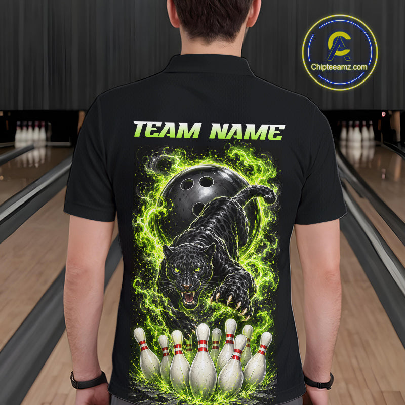 Custom Green Flame Panther Bowling Shirt for Men Bowling Team Jersey Polo & Quarter-Zip QZT1231