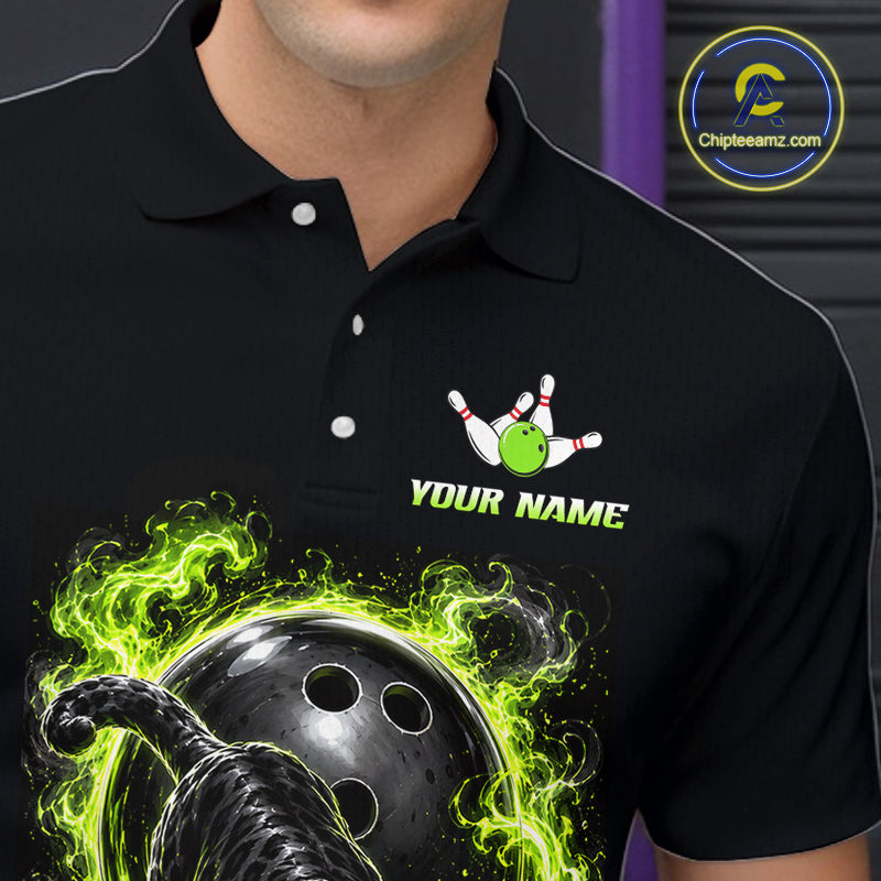 Custom Green Flame Panther Bowling Shirt for Men Bowling Team Jersey Polo & Quarter-Zip QZT1231