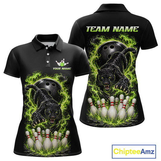 Custom Green Flame Panther Bowling Shirt for Women Bowling Team Jersey Polo & Quarter-Zip QZT1231