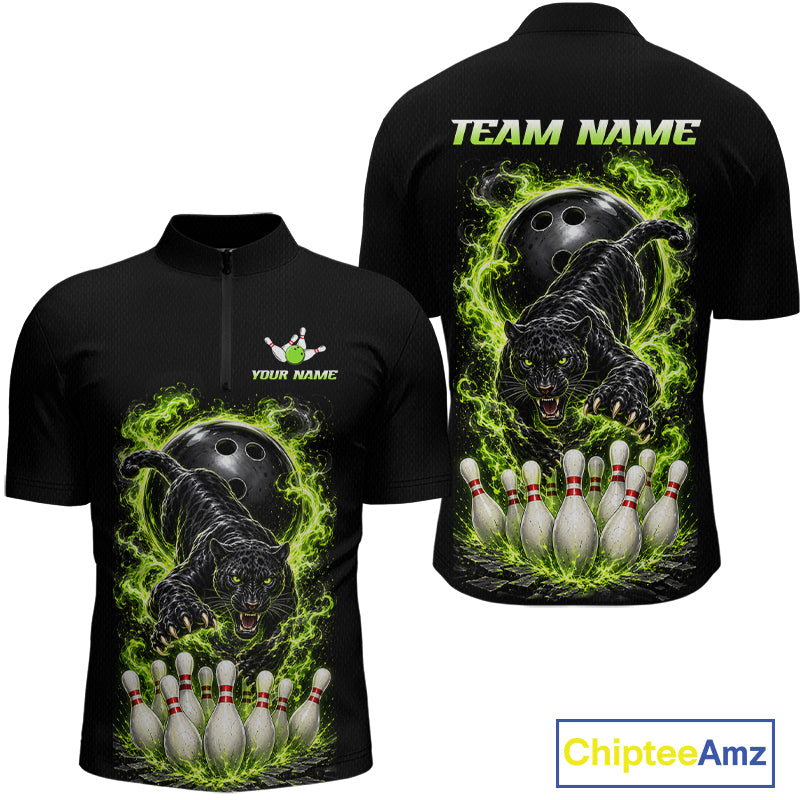 Custom Green Flame Panther Bowling Shirt for Men Bowling Team Jersey Polo & Quarter-Zip QZT1231