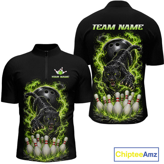 Custom Green Flame Panther Bowling Shirt for Men Bowling Team Jersey Polo & Quarter-Zip QZT1231