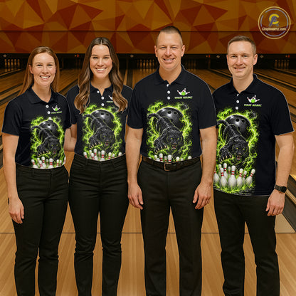 Custom Green Flame Panther Bowling Shirt for Men Bowling Team Jersey Polo & Quarter-Zip QZT1231
