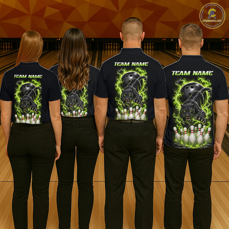 Custom Green Flame Panther Bowling Shirt for Men Bowling Team Jersey Polo & Quarter-Zip QZT1231