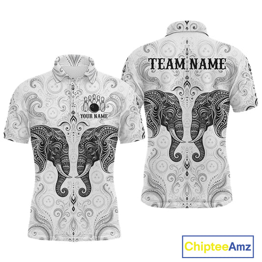 Custom black & white tribal elephant  bowling polo shirt, front and back views, bowling league jersey for men
