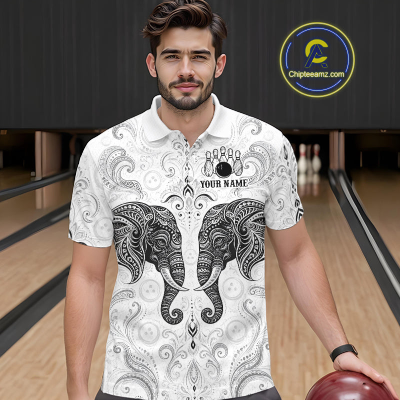 Man wearing custom black & white tribal elephant bowling polo shirt, front view mockup, personalized bowling league jersey.
