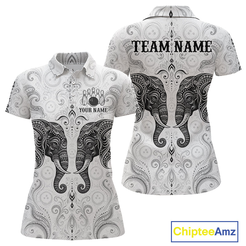Custom black & white tribal elephant  bowling polo shirt, front and back views, bowling league jersey for women