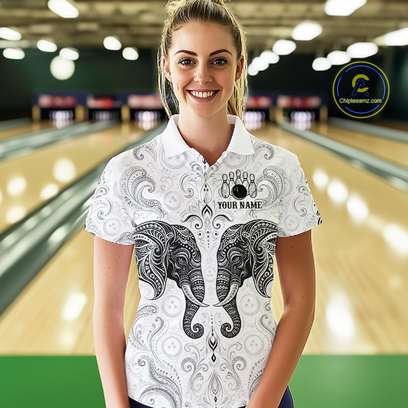 Woman wearing custom black & white tribal elephant bowling polo shirt, front view mockup, personalized bowling league jersey.