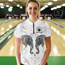 Load image into Gallery viewer, Woman wearing custom black &amp; white tribal elephant  bowling 1/4 zip shirt, front view mockup, personalized bowling league jersey.