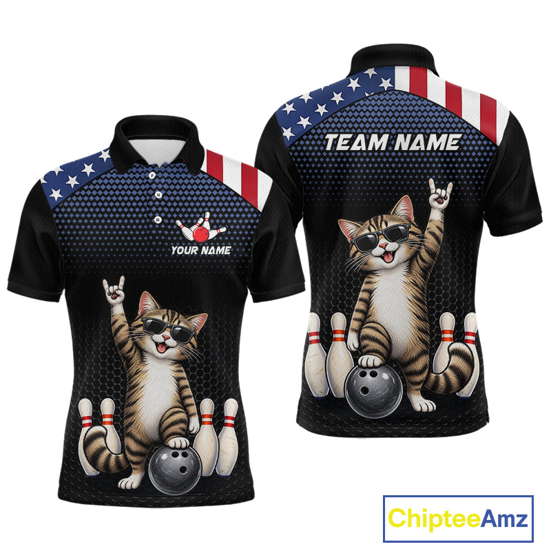 Custom American Flag Bowling Shirt League for Men Funny Cat Bowling Team Jersey QZT1303