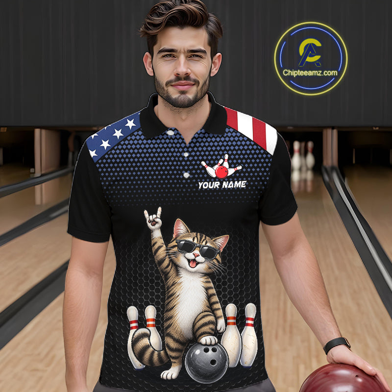 Custom American Flag Bowling Shirt League for Men Funny Cat Bowling Team Jersey QZT1303
