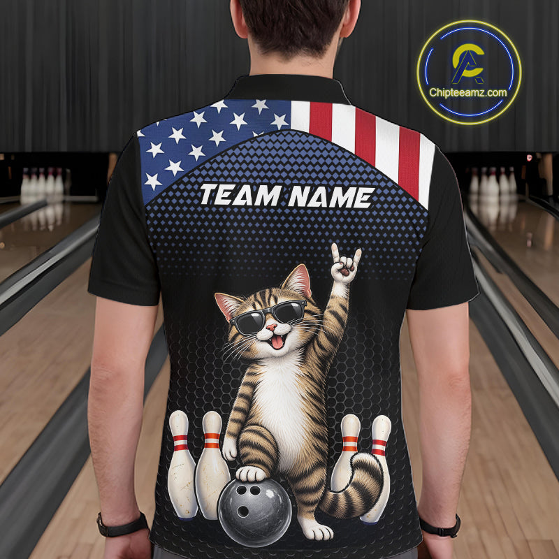 Custom American Flag Bowling Shirt League for Men Funny Cat Bowling Team Jersey QZT1303