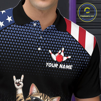 Custom American Flag Bowling Shirt League for Men Funny Cat Bowling Team Jersey QZT1303