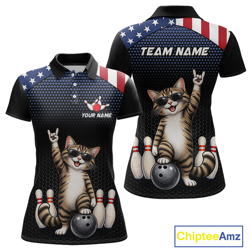Custom American Flag Bowling Shirt League for Women Funny Cat Bowling Team Jersey QZT1303