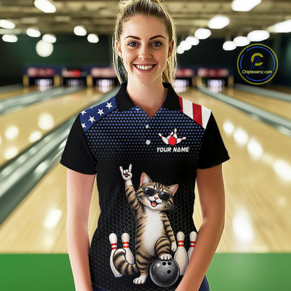 Custom American Flag Bowling Shirt League for Women Funny Cat Bowling Team Jersey QZT1303
