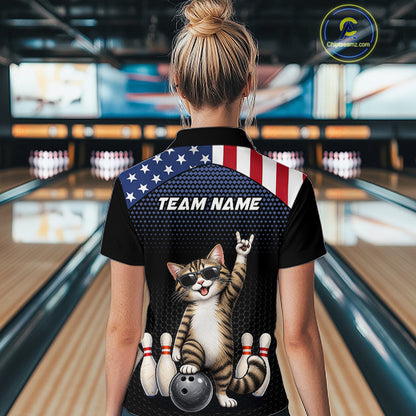 Custom American Flag Bowling Shirt League for Women Funny Cat Bowling Team Jersey QZT1303
