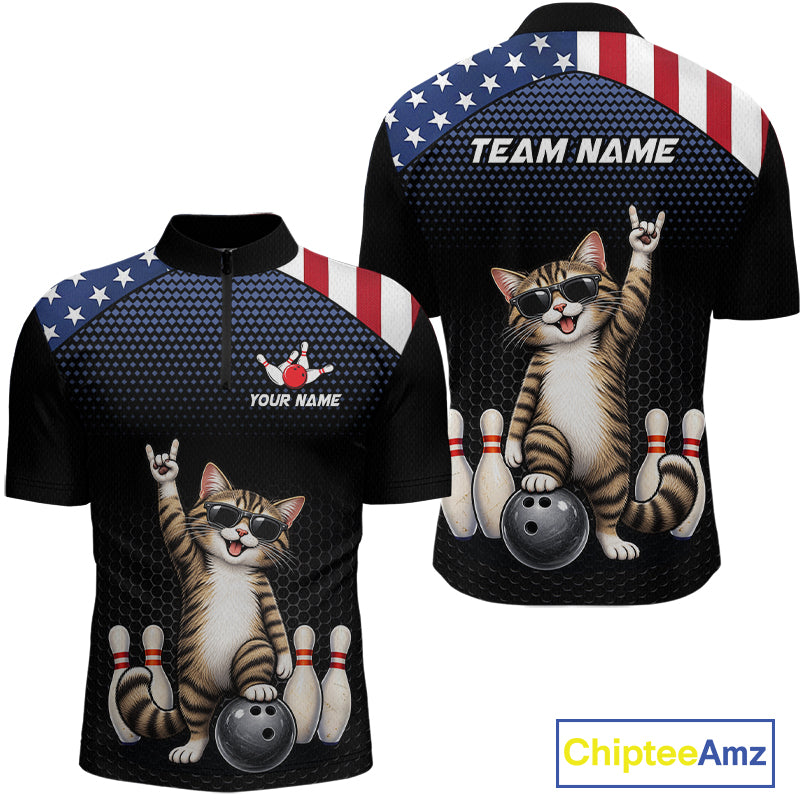 Custom American Flag Bowling Shirt League for Men Funny Cat Bowling Team Jersey QZT1303