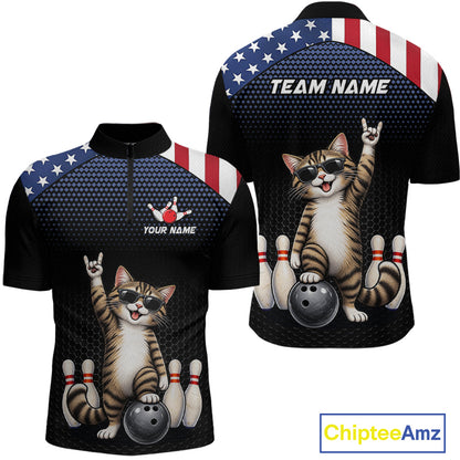 Custom American Flag Bowling Shirt League for Men Funny Cat Bowling Team Jersey QZT1303