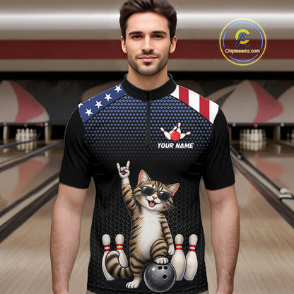 Custom American Flag Bowling Shirt League for Men Funny Cat Bowling Team Jersey QZT1303