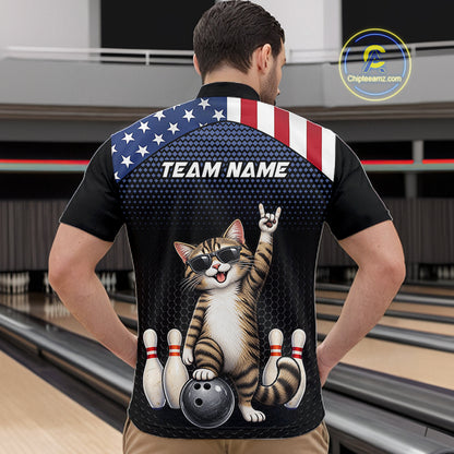 Custom American Flag Bowling Shirt League for Men Funny Cat Bowling Team Jersey QZT1303