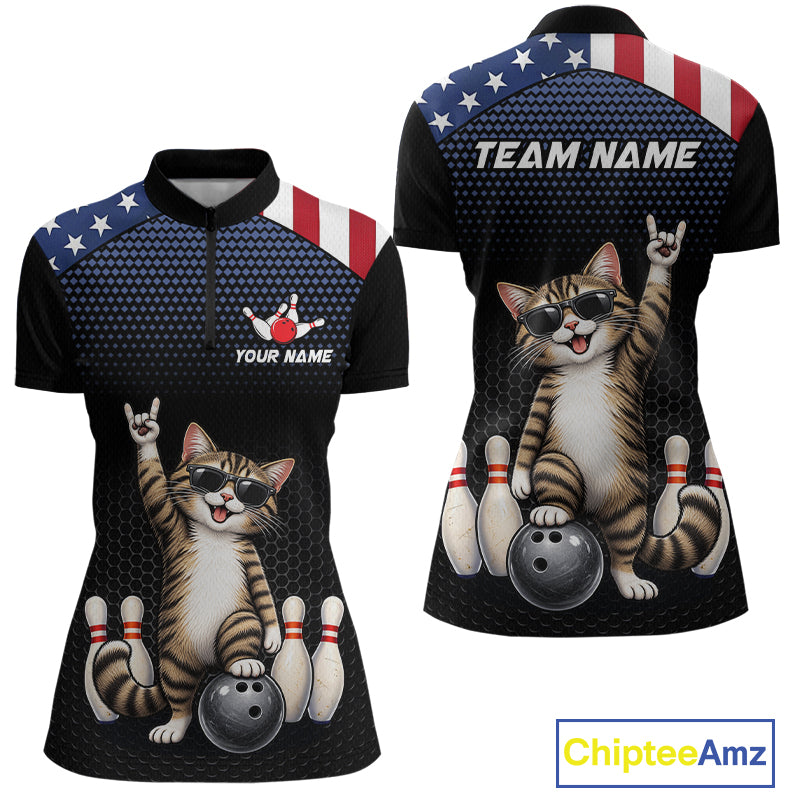 Custom American Flag Bowling Shirt League for Women Funny Cat Bowling Team Jersey QZT1303