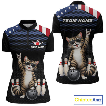 Custom American Flag Bowling Shirt League for Women Funny Cat Bowling Team Jersey QZT1303