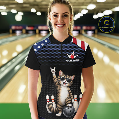 Custom American Flag Bowling Shirt League for Women Funny Cat Bowling Team Jersey QZT1303