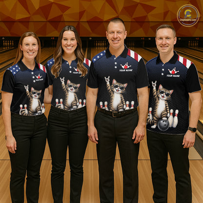 Custom American Flag Bowling Shirt League for Men Funny Cat Bowling Team Jersey QZT1303