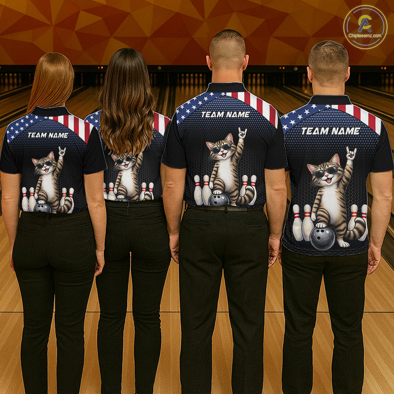 Custom American Flag Bowling Shirt League for Men Funny Cat Bowling Team Jersey QZT1303