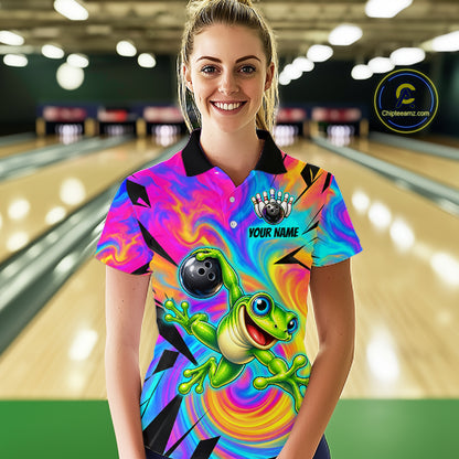 Custom Funny Frog Bowling Shirt for Women Colorful Bowling Team Jersey Polo & 1/4-Zip QZT1375