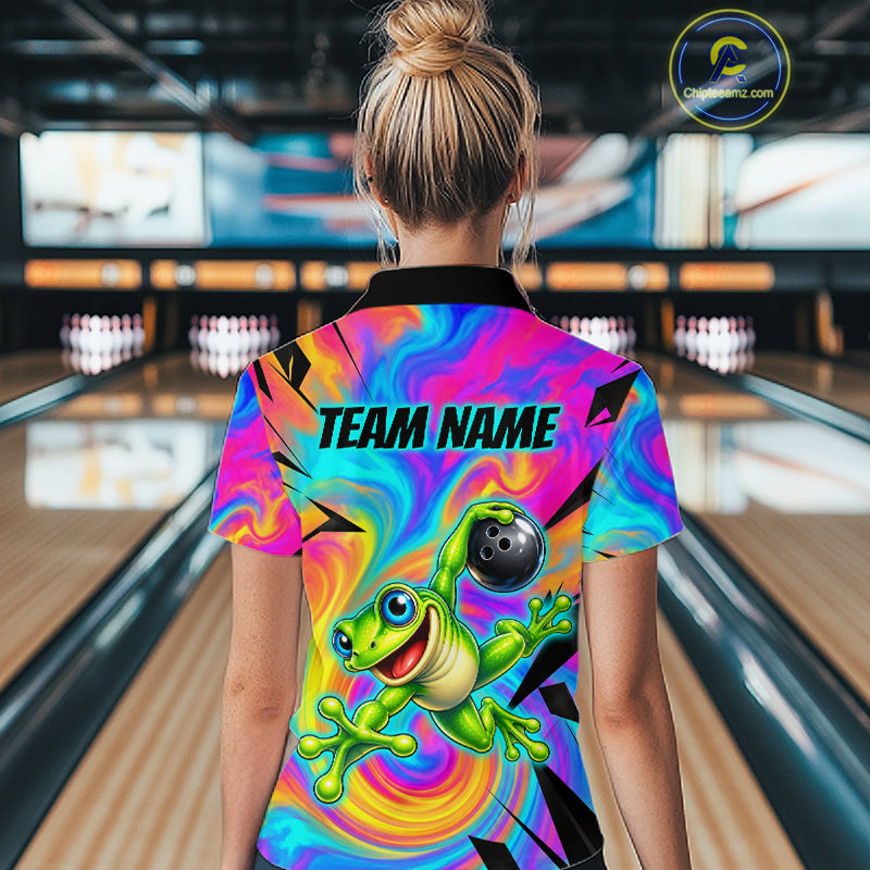 Custom Funny Frog Bowling Shirt for Women Colorful Bowling Team Jersey Polo & 1/4-Zip QZT1375