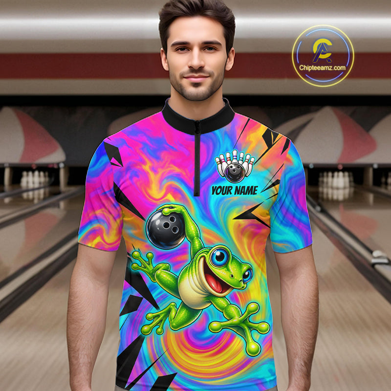 Custom Funny Frog Bowling Shirt for Men Colorful Bowling Team Jersey Polo & 1/4-Zip QZT1375