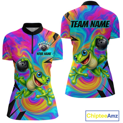 Custom Funny Frog Bowling Shirt for Women Colorful Bowling Team Jersey Polo & 1/4-Zip QZT1375