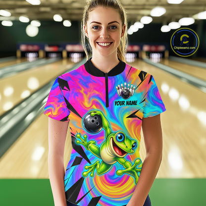Custom Funny Frog Bowling Shirt for Women Colorful Bowling Team Jersey Polo & 1/4-Zip QZT1375
