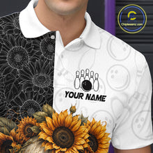 Load image into Gallery viewer, Polo shirt with black and white design and sunflower pattern, brand logo visible.