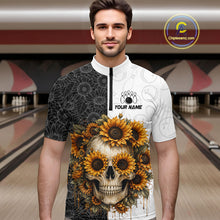 Load image into Gallery viewer, Man wearing a quarter-zip jersey with a skull and sunflower design in a bowling alley.