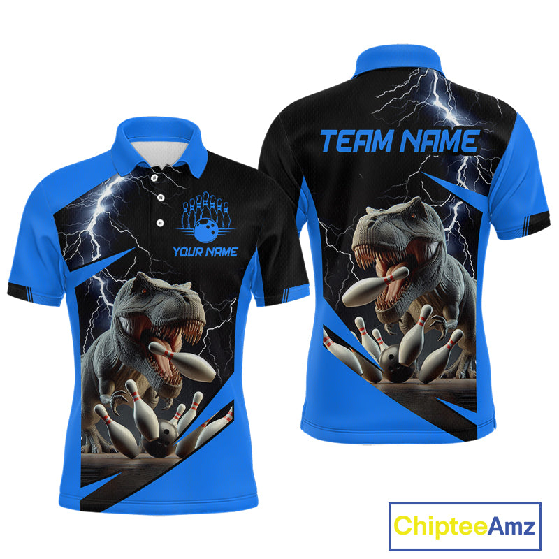 Front and back views of a custom short-sleeve polo shirt featuring a graphic of a T-rex bowling with pins, lightning, and placeholder text 'TEAM NAME' and 'YOUR NAME'.
