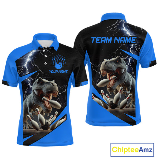 Front and back views of a custom short-sleeve polo shirt featuring a graphic of a T-rex bowling with pins, lightning, and placeholder text 'TEAM NAME' and 'YOUR NAME'.