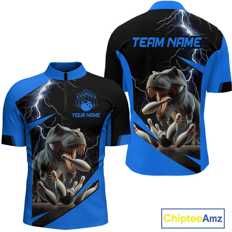 Custom short-sleeve athletic jersey shown from the front and back, featuring a blue and black color-blocked design with a large T-Rex bowling graphic, lightning effects, and customizable text fields.